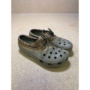 Crocs Islander Pitcrew Boat Shoes Mens 9 Mule Tan Leather Accent Lace Up